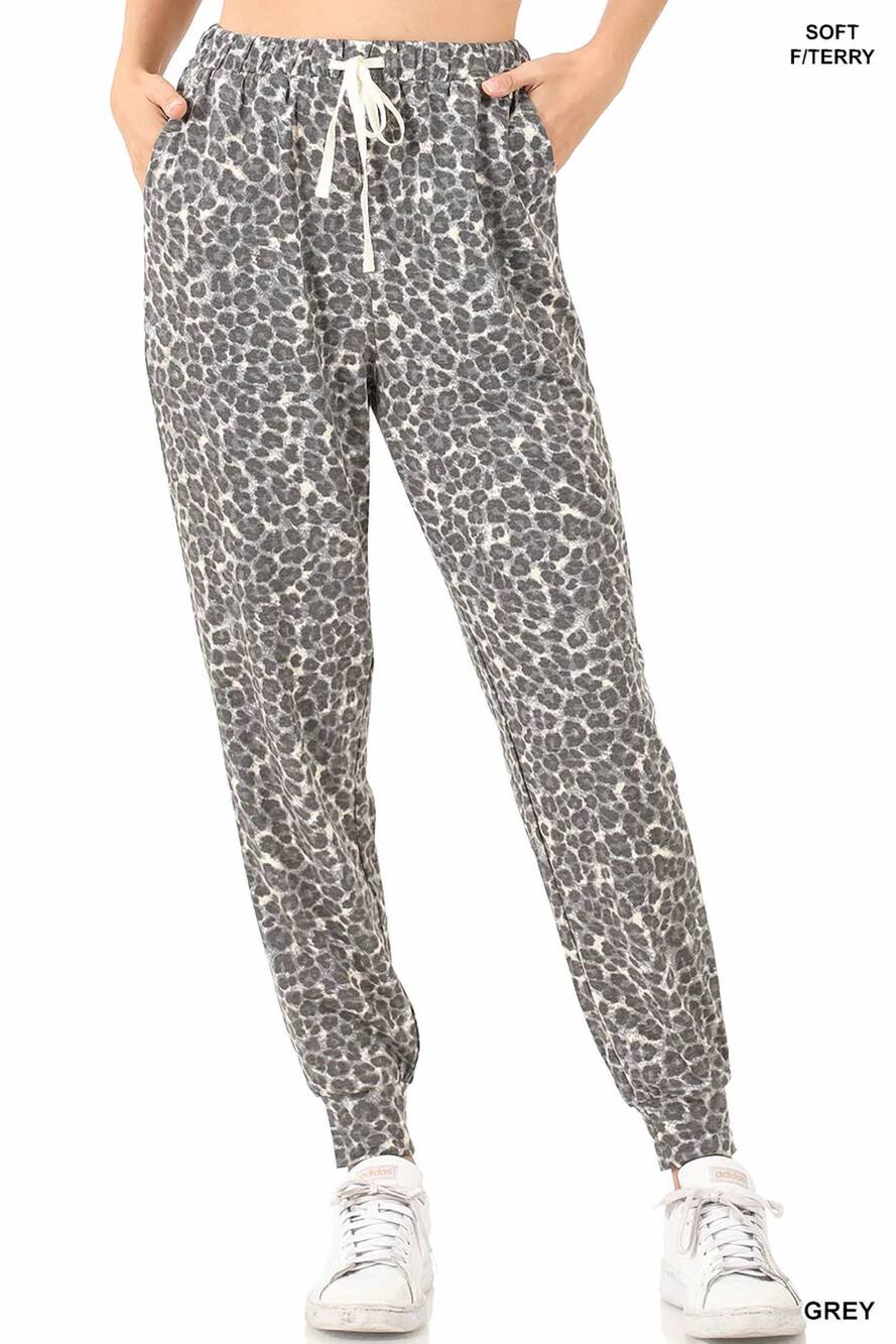 NEW ZENANA french terry leopard print joggers in grey - Picture 1 of 3